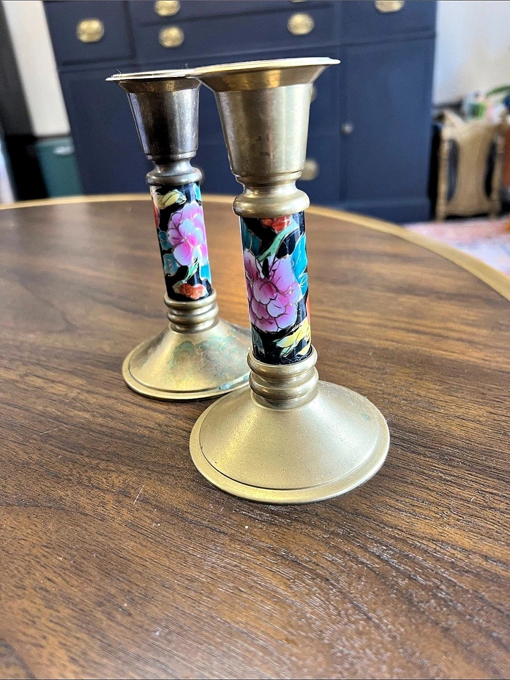 Brass and cloisonné enamel candlestick holders, pair, vintage floral design